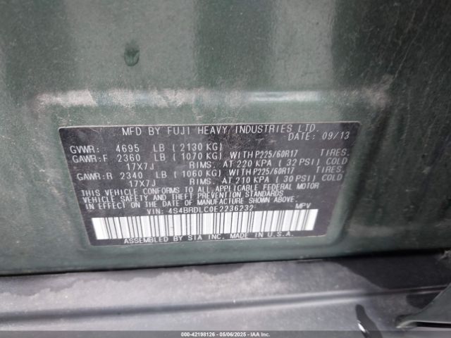 4S4BRDLC0E2236232 Subaru Outback 3.6r Limited