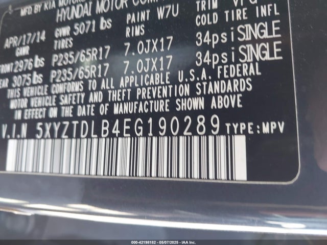 5XYZTDLB4EG190289 Hyundai gdi theta