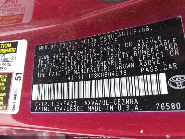 4T1B11HK8KU804619 Toyota CAMRY LE