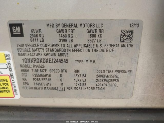 1GNKRGKDXEJ244545 Chevrolet Traverse 1lt
