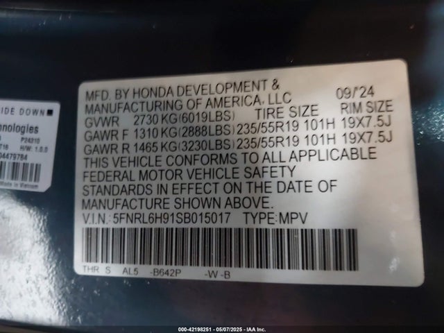 5FNRL6H91SB015017 Honda Odyssey Elite