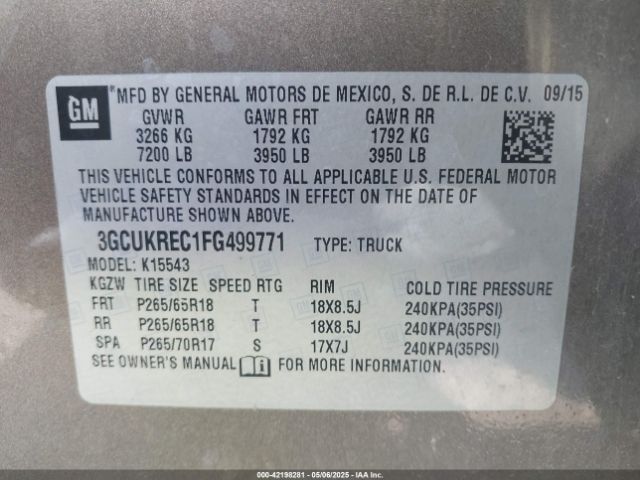 3GCUKREC1FG499771 Chevrolet Silverado 1500 2lt