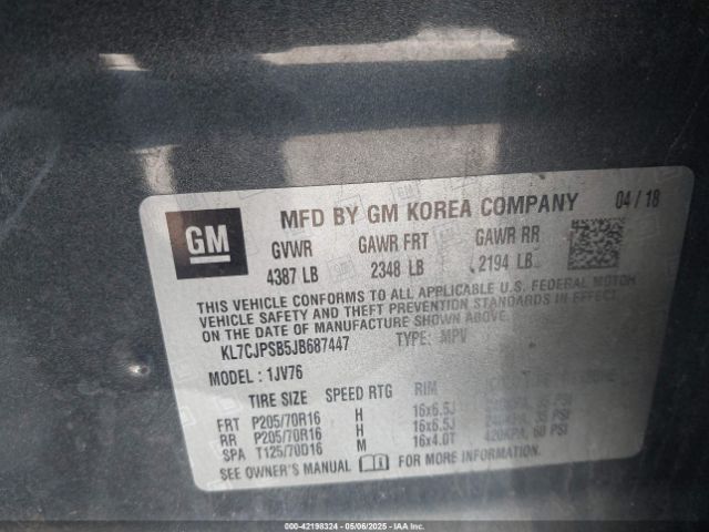 KL7CJPSB5JB687447 Chevrolet Trax Lt