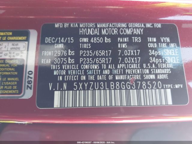 5XYZU3LB8GG378520 Hyundai Santa Fe Sport 2.4l