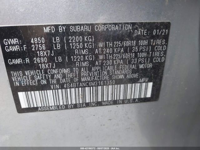 2021 SUBARU OUTBACK 4S4BTANC6M3161350 Photo 8