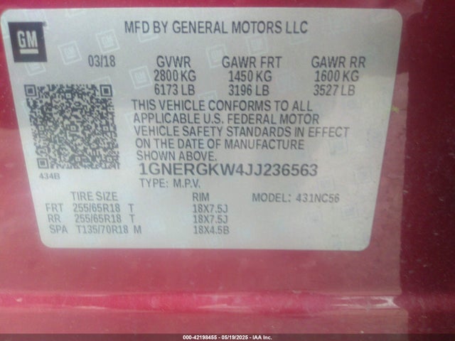 1GNERGKW4JJ236563 Chevrolet Traverse 1lt