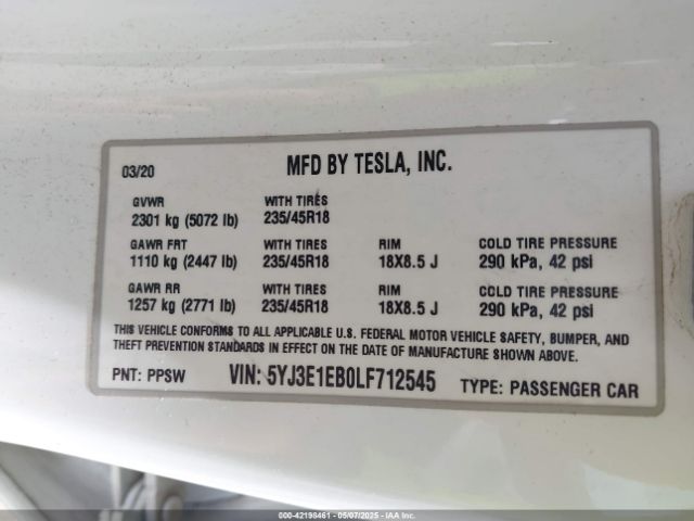 5YJ3E1EB0LF712545 Tesla Model 3 Long Range Dual Motor All-wheel Drive