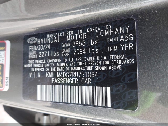 42198519 :رقم المزاد ، KMHLM4DG7RU751064 vin ، 2024 Hyundai Elantra Sel مزاد بيع