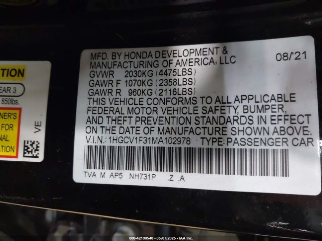 1HGCV1F31MA102978 Honda Accord Sport
