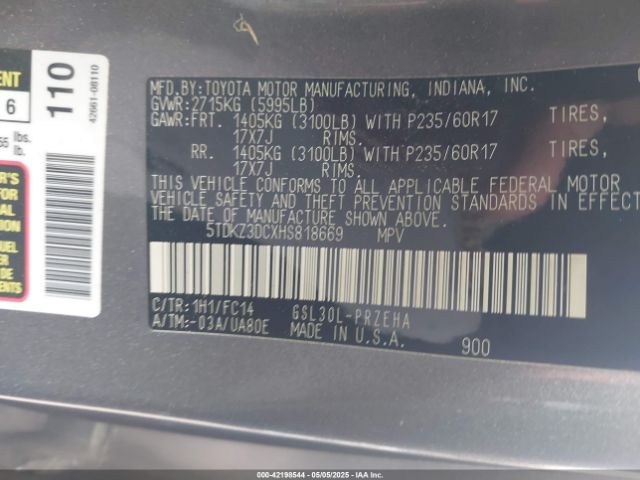 5TDKZ3DCXHS818669 Toyota Sienna Le 8 Passenger