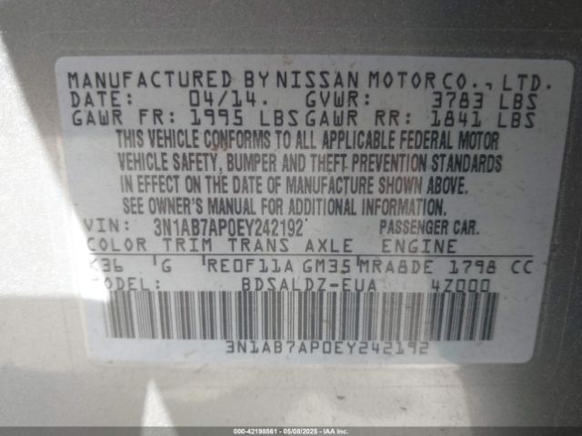 3N1AB7AP0EY242192 Nissan Sentra Fe+ S/fe+ Sv/s/sl/sr/sv