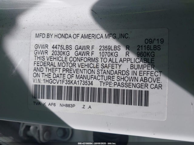 1HGCV1F35KA173534 Honda l15be