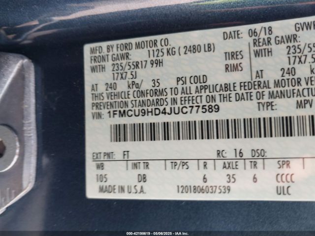 1FMCU9HD4JUC77589 Ford ESCAPE SEL