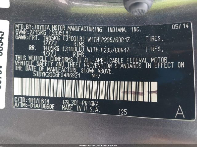 5TDYK3DC6ES486921 Toyota Sienna Xle V6 8 Passenger