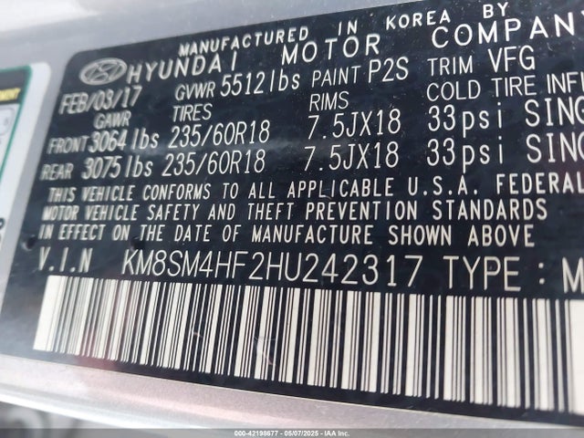 KM8SM4HF2HU242317 Hyundai Santa Fe Se
