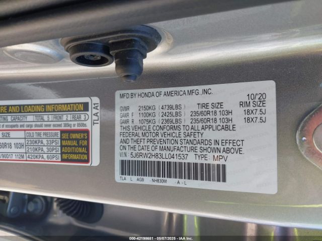 5J6RW2H83LL041537 Honda Cr-v Awd Ex-l