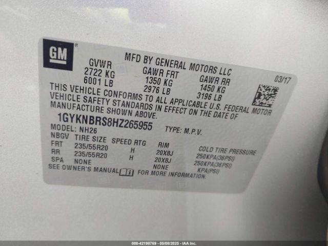 1GYKNBRS8HZ265955 Cadillac XT5 LUXURY
