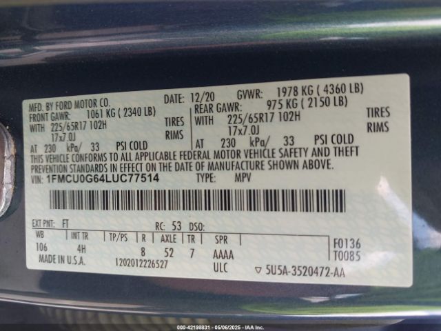 2020 FORD ESCAPE 1FMCU0G64LUC77514 Photo 8