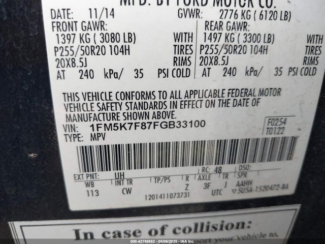 1FM5K7F87FGB33100 Ford Explorer Limited