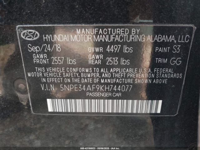 5NPE34AF9KH744077 Hyundai Sonata Limited