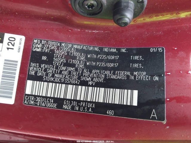 5TDYK3DC1FS576642 Toyota 2gr-fks