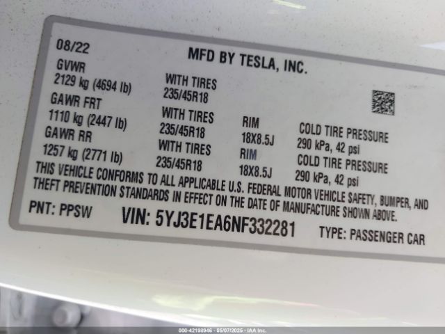 5YJ3E1EA6NF332281 Tesla Model 3 Rear-wheel Drive