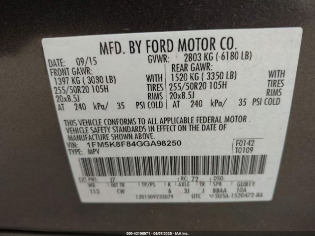 1FM5K8F84GGA98250 Ford Explorer Limited