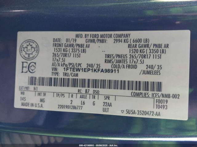 1FTEW1EP1KFA98911 Ford F-150 Xlt