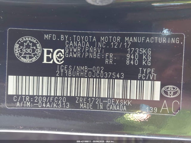 2T1BURHE0JC037543 Toyota COROLLA SE