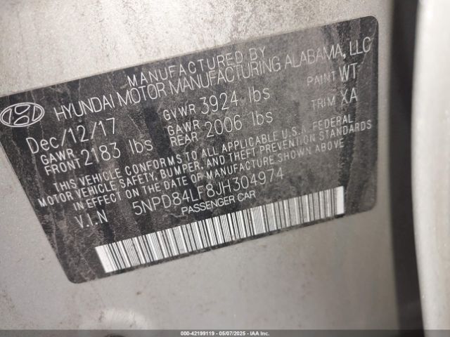 5NPD84LF8JH304974 Hyundai Elantra Value Edition