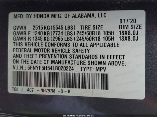 5FNYF5H54LB020224 Honda Pilot 2wd Ex-l