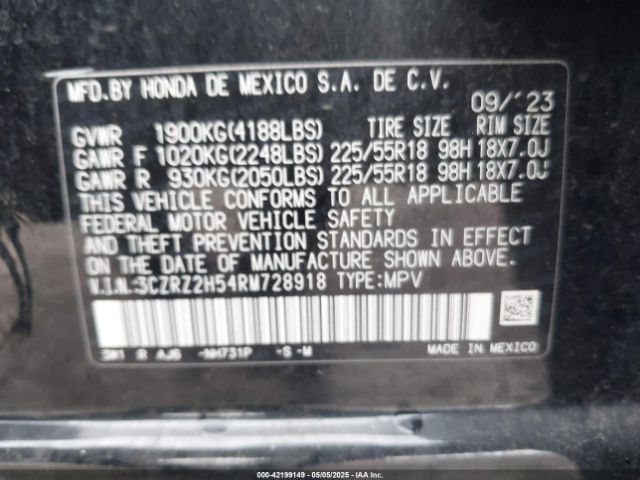 3CZRZ2H54RM728918 Honda Hr-v Awd Sport/awd Sport W/o Bsi