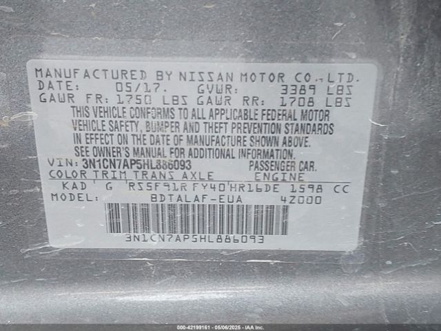 3N1CN7AP5HL886093 Nissan Versa 1.6 S