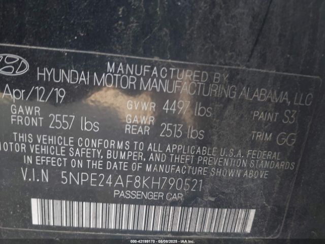 5NPE24AF8KH790521 Hyundai SONATA SE