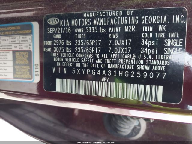 5XYPG4A31HG259077 KIA Sorento 2.4l Lx