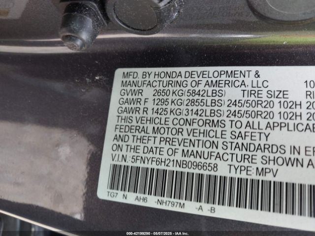 5FNYF6H21NB096658 Honda Pilot Awd Special Edition