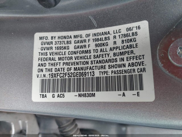 Honda Civic Lx 2016 19XFC2F52GE069113 Image 9