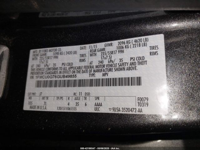 1FMCU0G76GUB49855 Ford ESCAPE SE