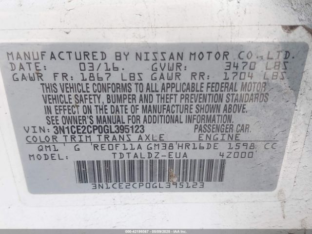 3N1CE2CP0GL395123 Nissan Versa Note Sv