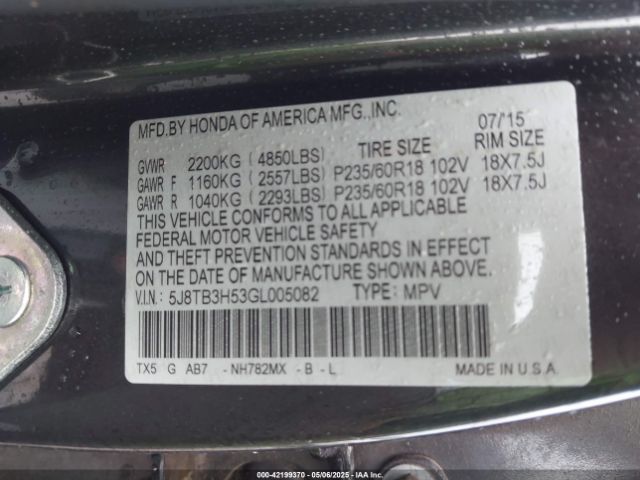 5J8TB3H53GL005082 Acura Rdx Technology   Acurawatch Plus Packages/technology Package