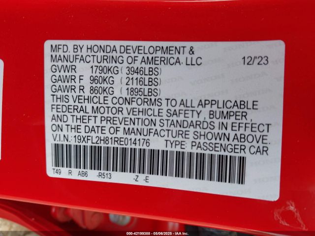 19XFL2H81RE014176 Honda Civic Sport