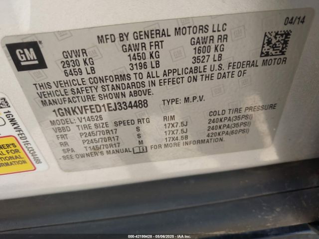 1GNKVFED1EJ334488 Chevrolet Traverse Ls