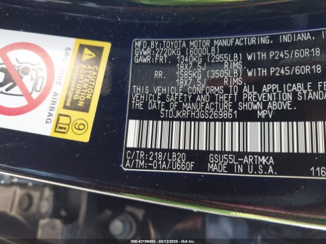 5TDJKRFH3GS269861 Toyota Highlander Xle V6
