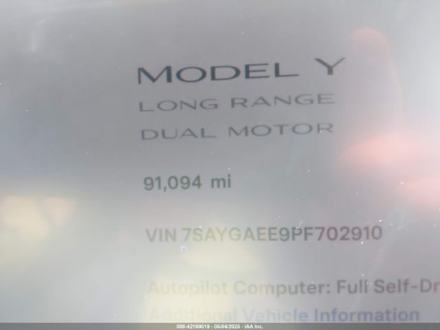 7SAYGAEE9PF702910 Tesla Model Y Awd/long Range Dual Motor All-wheel Drive
