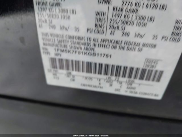 1FM5K7F81KGB11751 Ford Explorer Limited