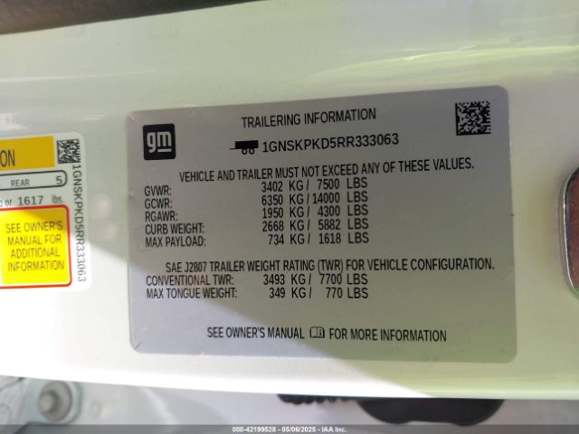 1GNSKPKD5RR333063 Chevrolet Tahoe 4wd Z71