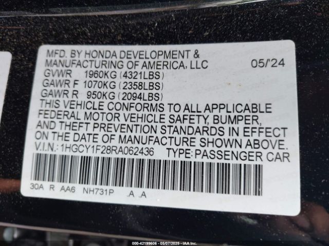1HGCY1F28RA062436 Honda ACCORD LX