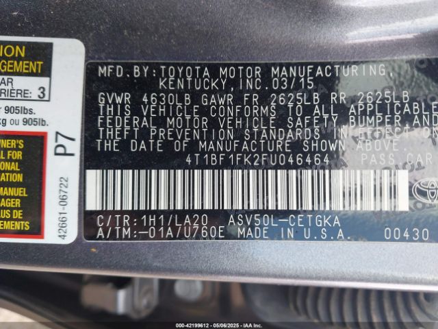2015 TOYOTA CAMRY 4T1BF1FK2FU046464 Photo 8