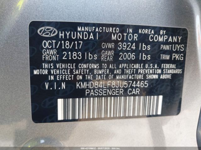 KMHD84LF8JU574465 Hyundai ELANTRA SEL