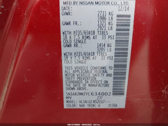 5N1AR2MN7FC634002 Nissan Pathfinder Sl